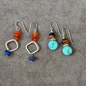 Sterling Silver Turquoise/Tigers Eye and Coral/Lapis Earrings Lot of 2
